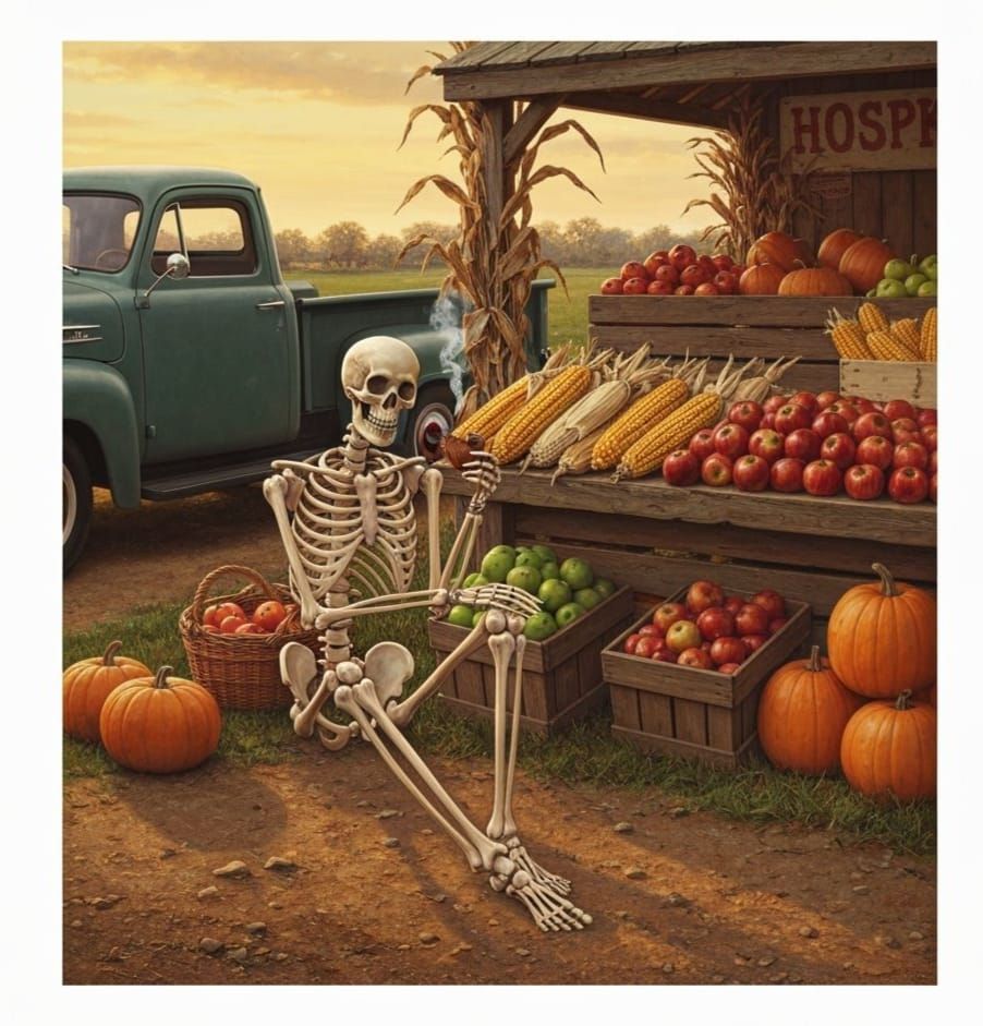 Skeleton Relaxing at Rural Produce Stand in Norman Rockwell ...