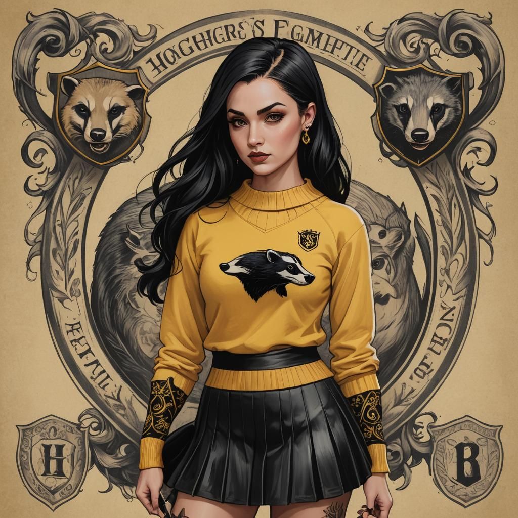 Hufflepuff Pin-Up Portrait in Tattoo Art Style