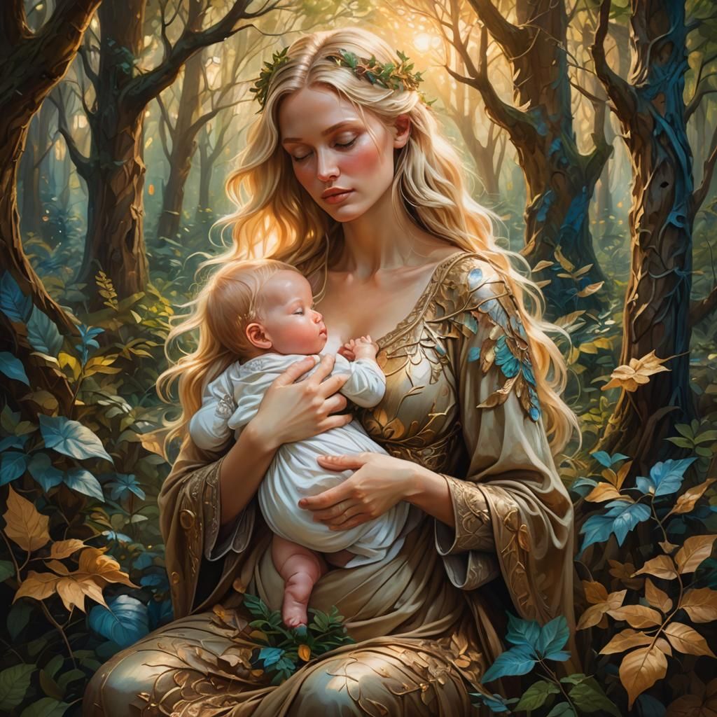 Mother and Baby in Mystical Forest Oil Painting