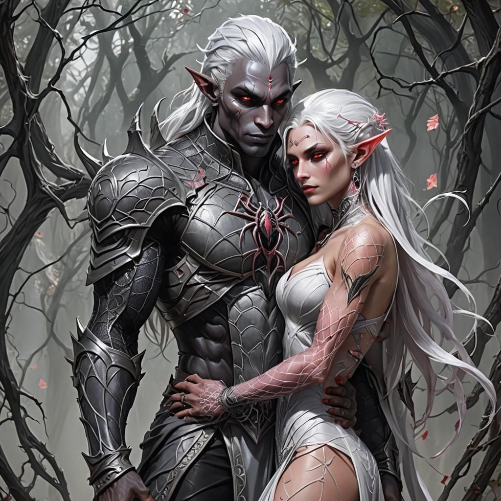 Drow Elves Embrace in Gothic Fantasy Grotto