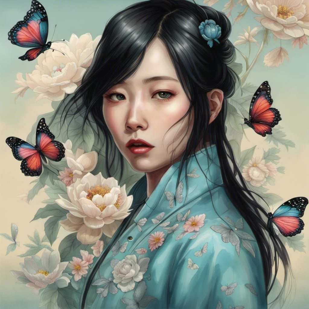 Chinese Girl in Duck-Egg-Blue Jacket, Detailed Matte Paintin...