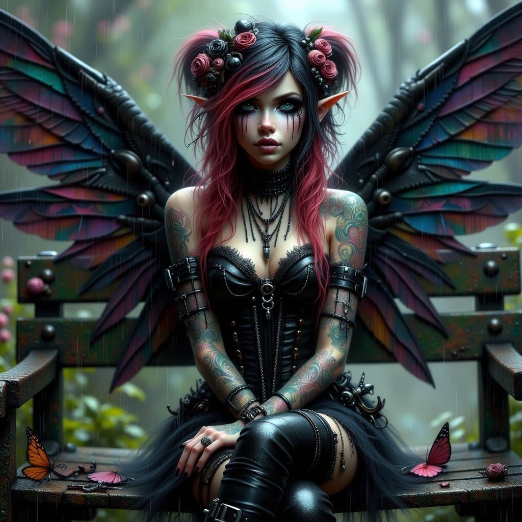 Dark Angel in Rainy Park Scene in Cyberpunk Style