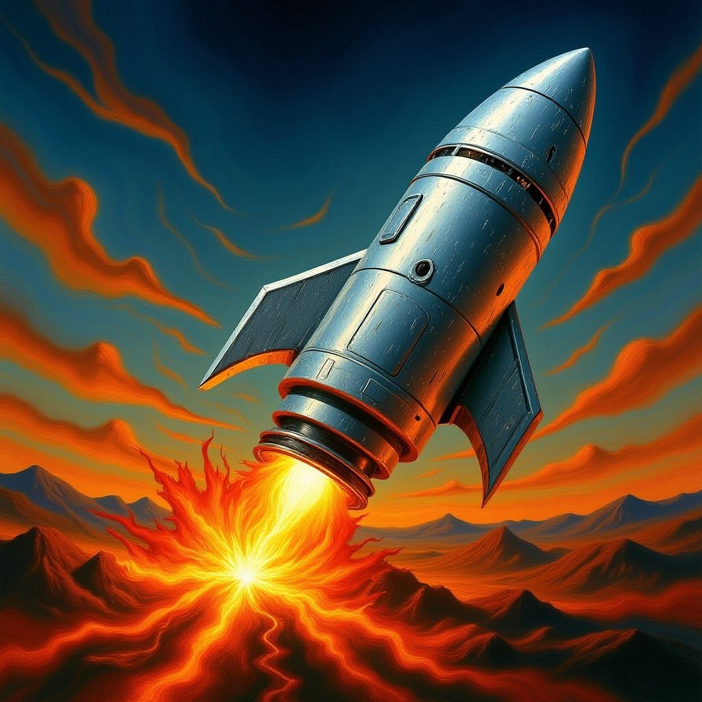 Surreal Rocketship Reaches Fiery Blaze in Abstract Landscape