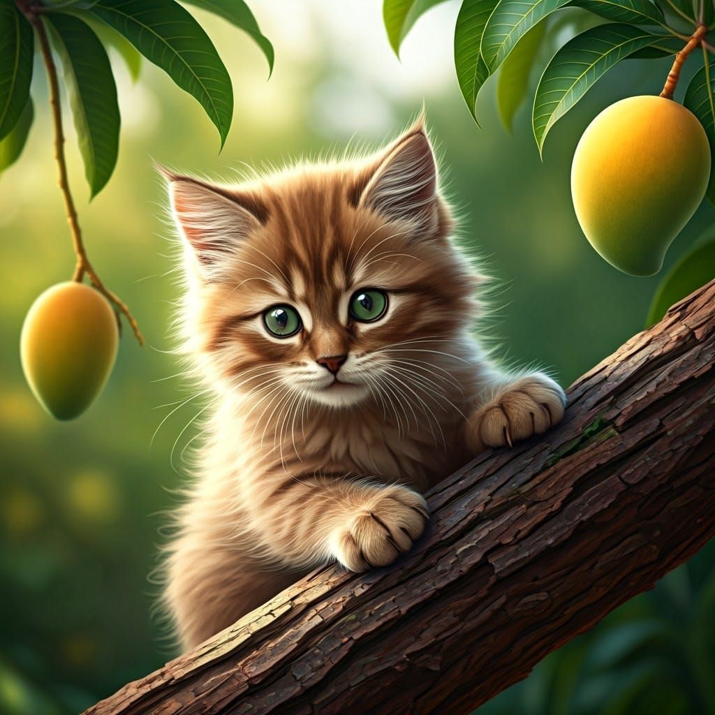 Kitten Climbing Mango Tree in Watercolor Style