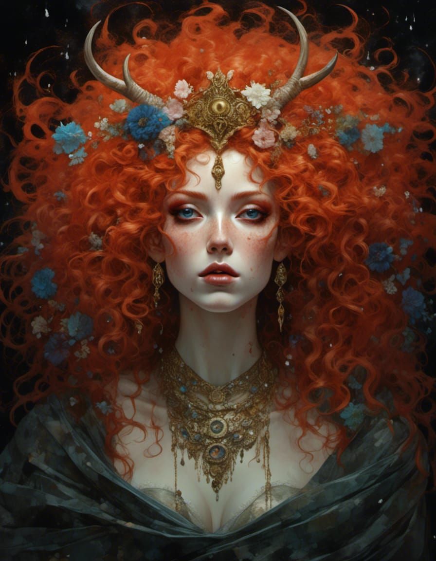 Red-Headed Horned Goddess in a Storm