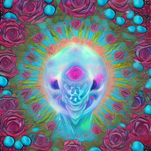 Cosmic Crystal Poppy in Rose Field: Holographic Illustration