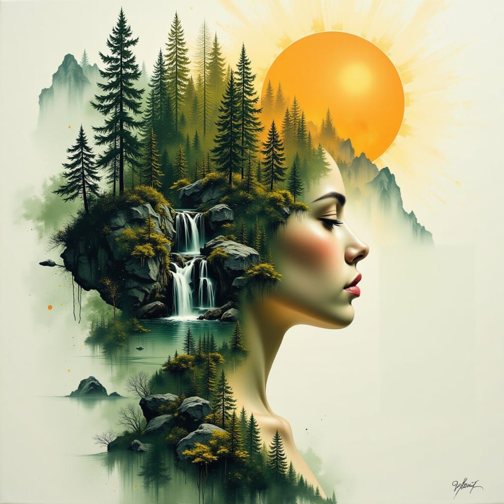 Woman and Mountain Forest in Double Exposure Art
