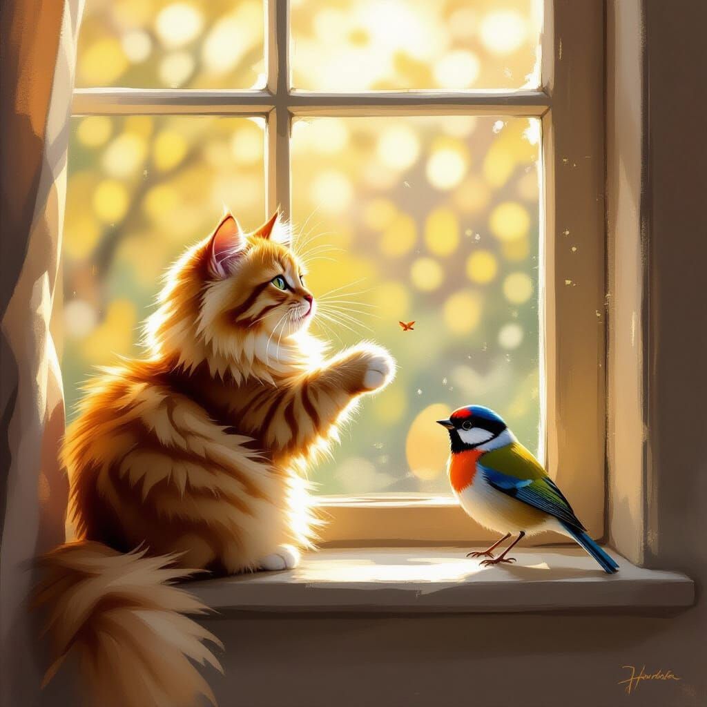 Ginger Cat Plays With Bird on Sunlit Windowsill
