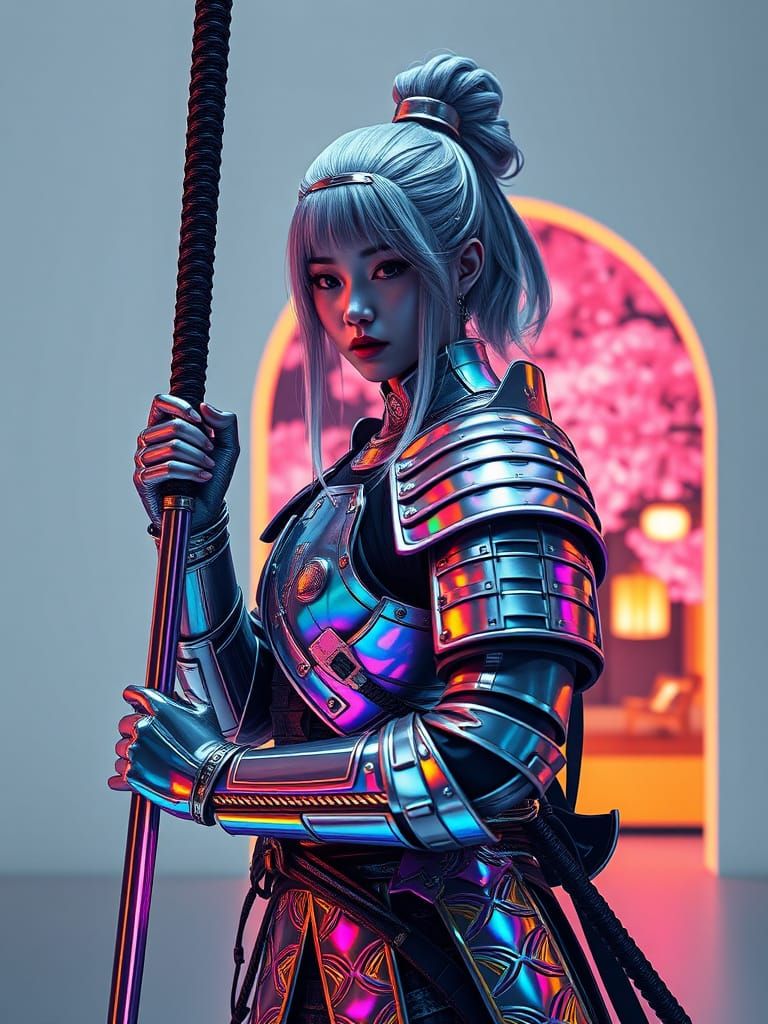 Cyberpunk Warrior in Iridescent Samurai Armor