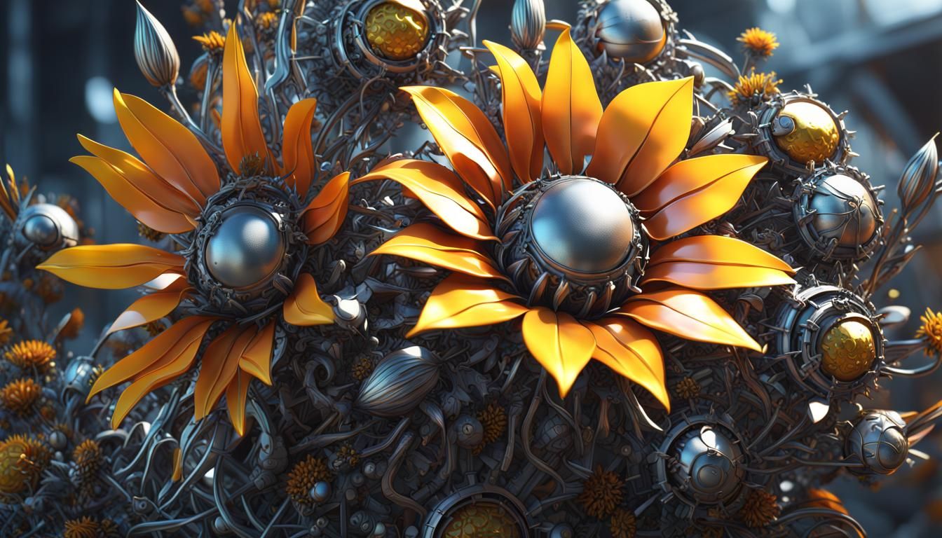 Mechanical Sunflowers: Sci-Fi Metal Flowers in 3D