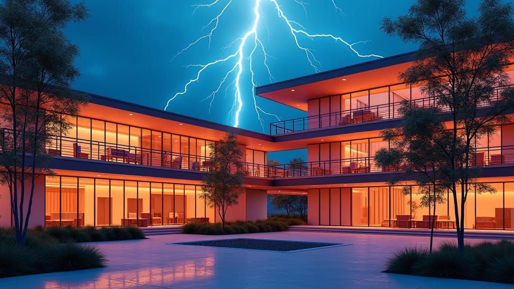 Office Building Illuminated by Lightning in Pop Art Style