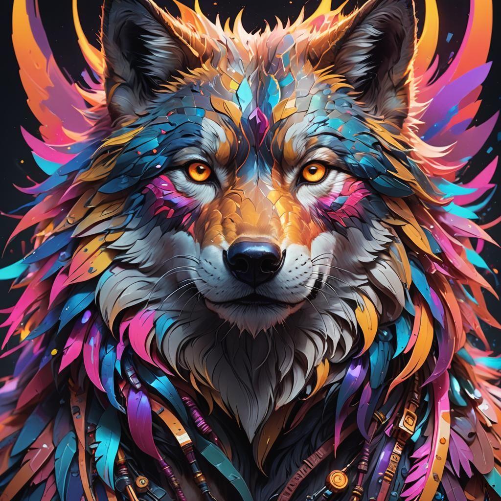 Neon Wolf Portrait in Hyperdetailed Lighting