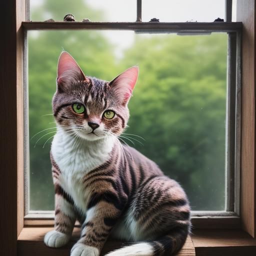Bobtail Cat Portrait: Macro Photography on Windowsill