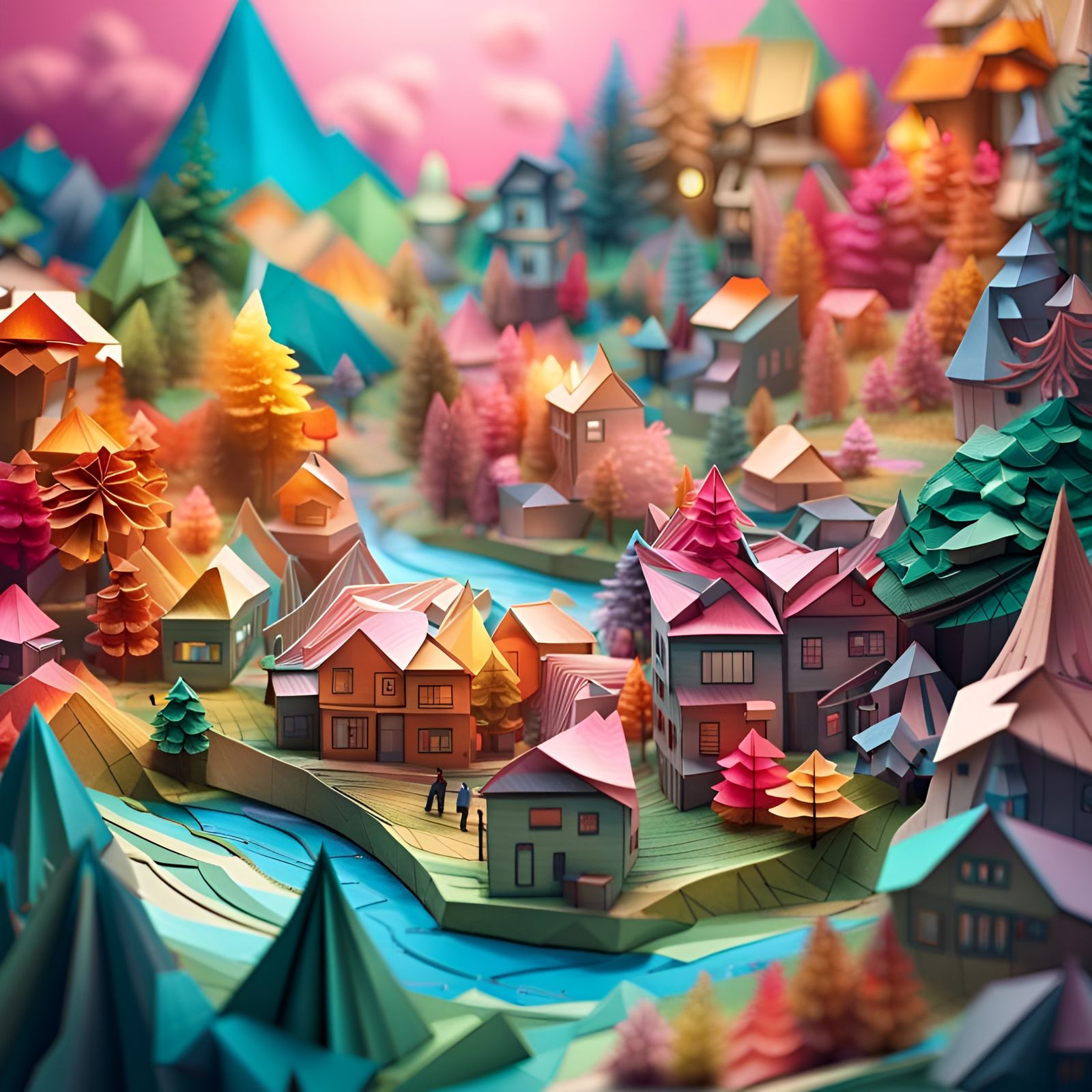 The rainbow town of folded paper