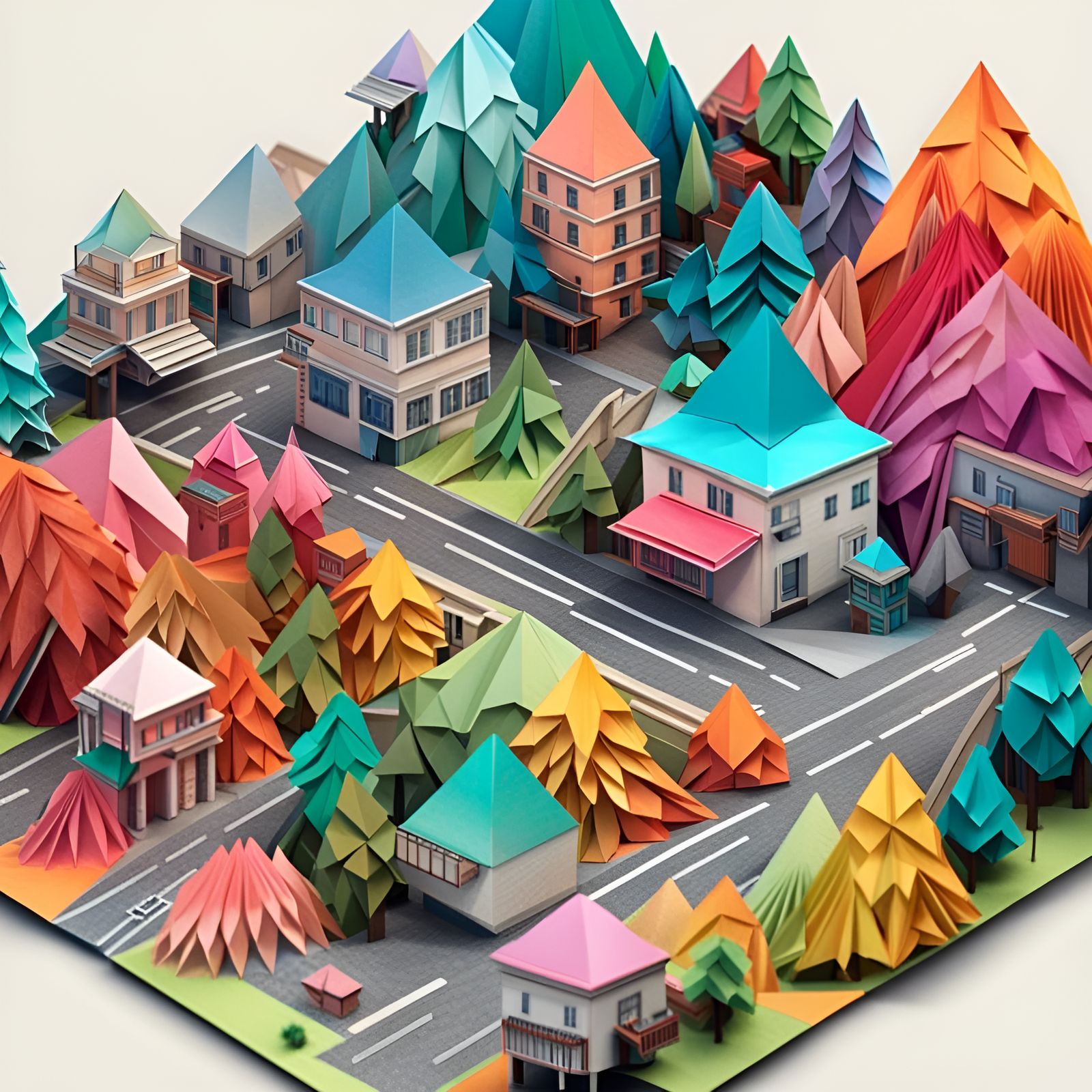 The rainbow town of folded paper