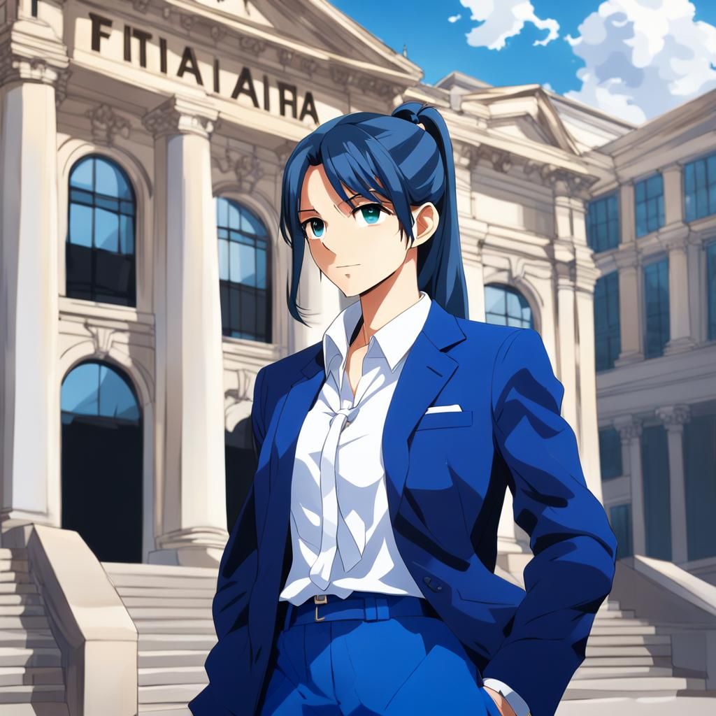 A pretty anime woman, perhaps a lawyer, standing outside a courthouse.
