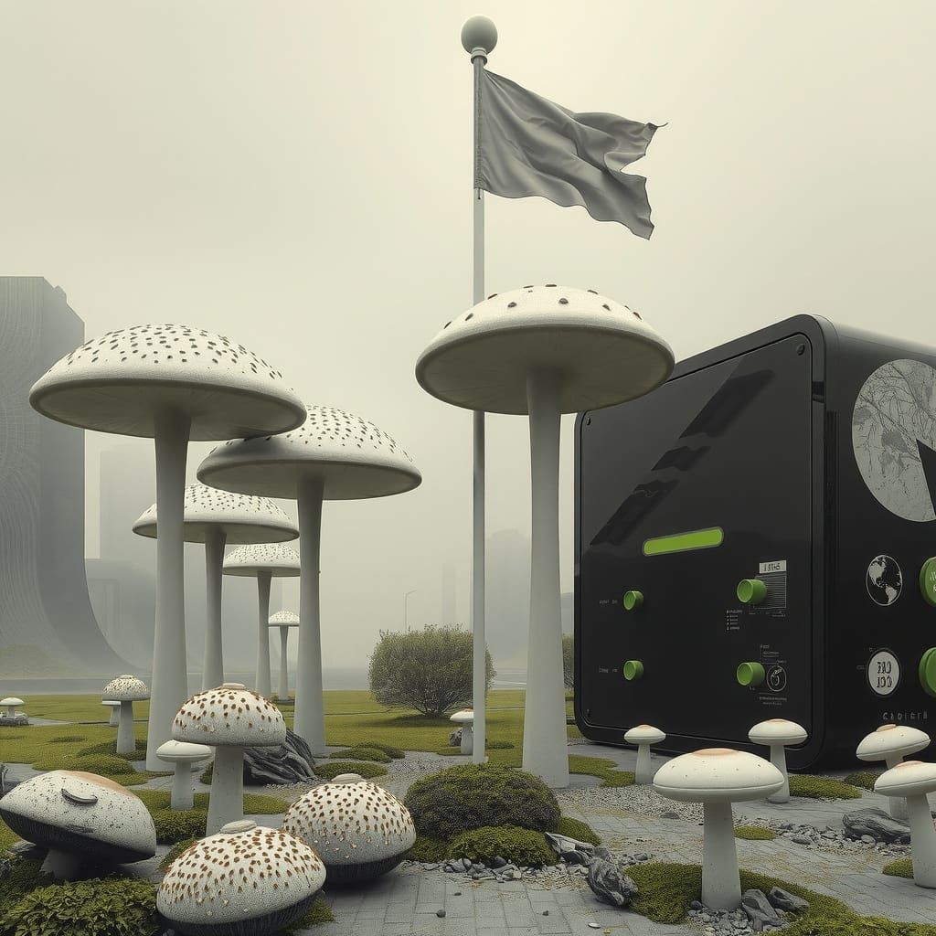 Surreal Mushroom Landscape in Daguerreotype Style