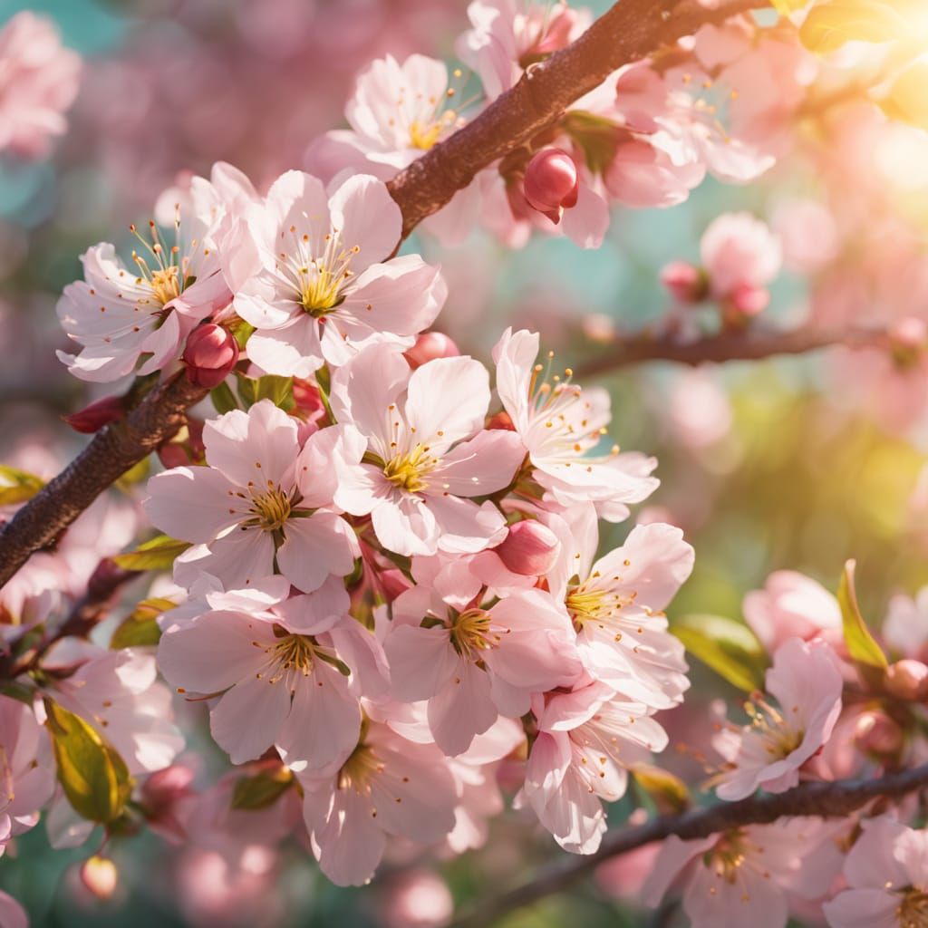 Cherry Blossoms in Lush Garden: Vibrant Oil Painting