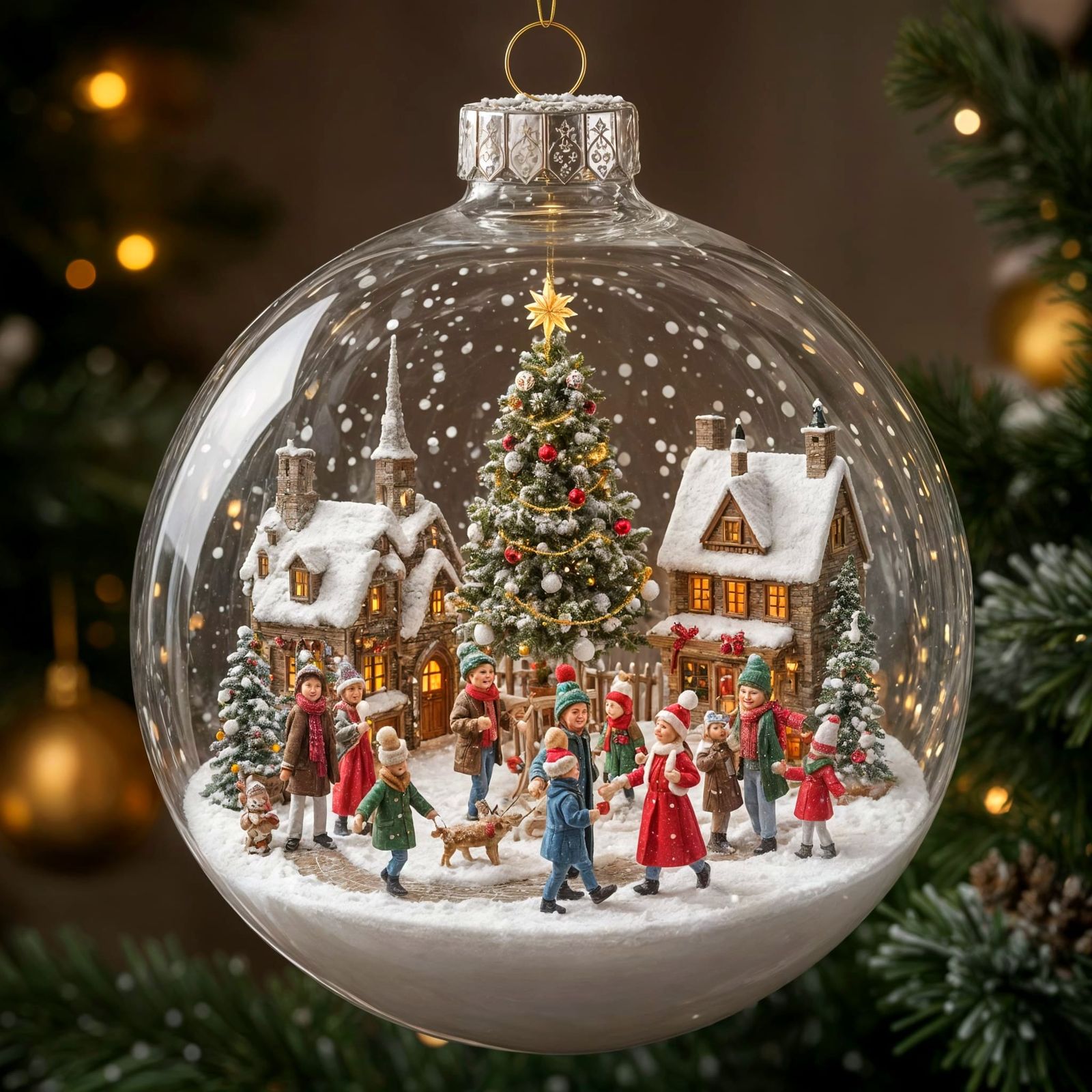 Hyperrealist Glass Ornament Holds Snowy Winter Village Scene