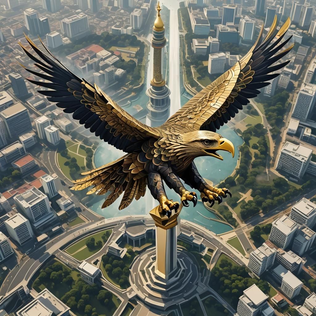 Eagle Fighter Jet Over Jakarta in Fractal Art Style