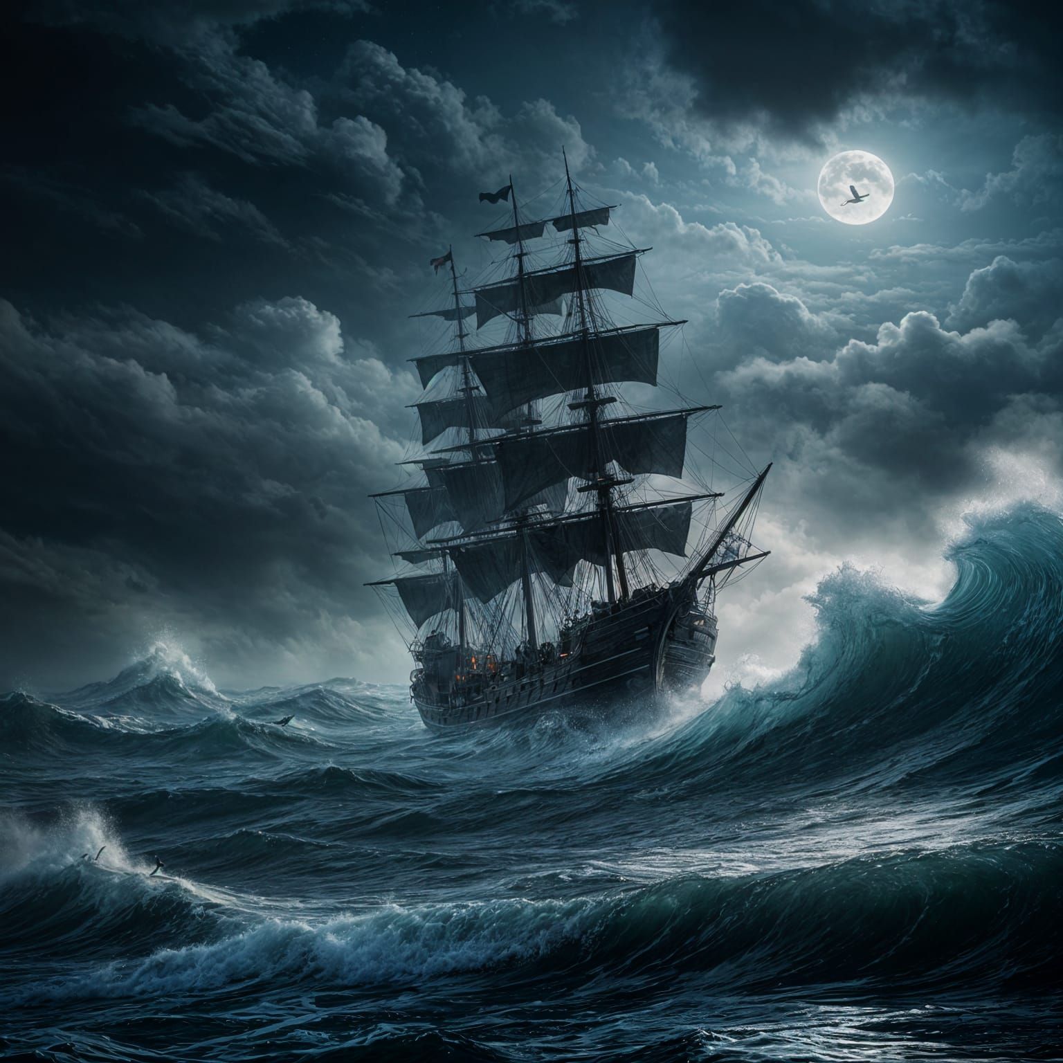 Flying Dutchman in Foggy Nocturnal Seascape