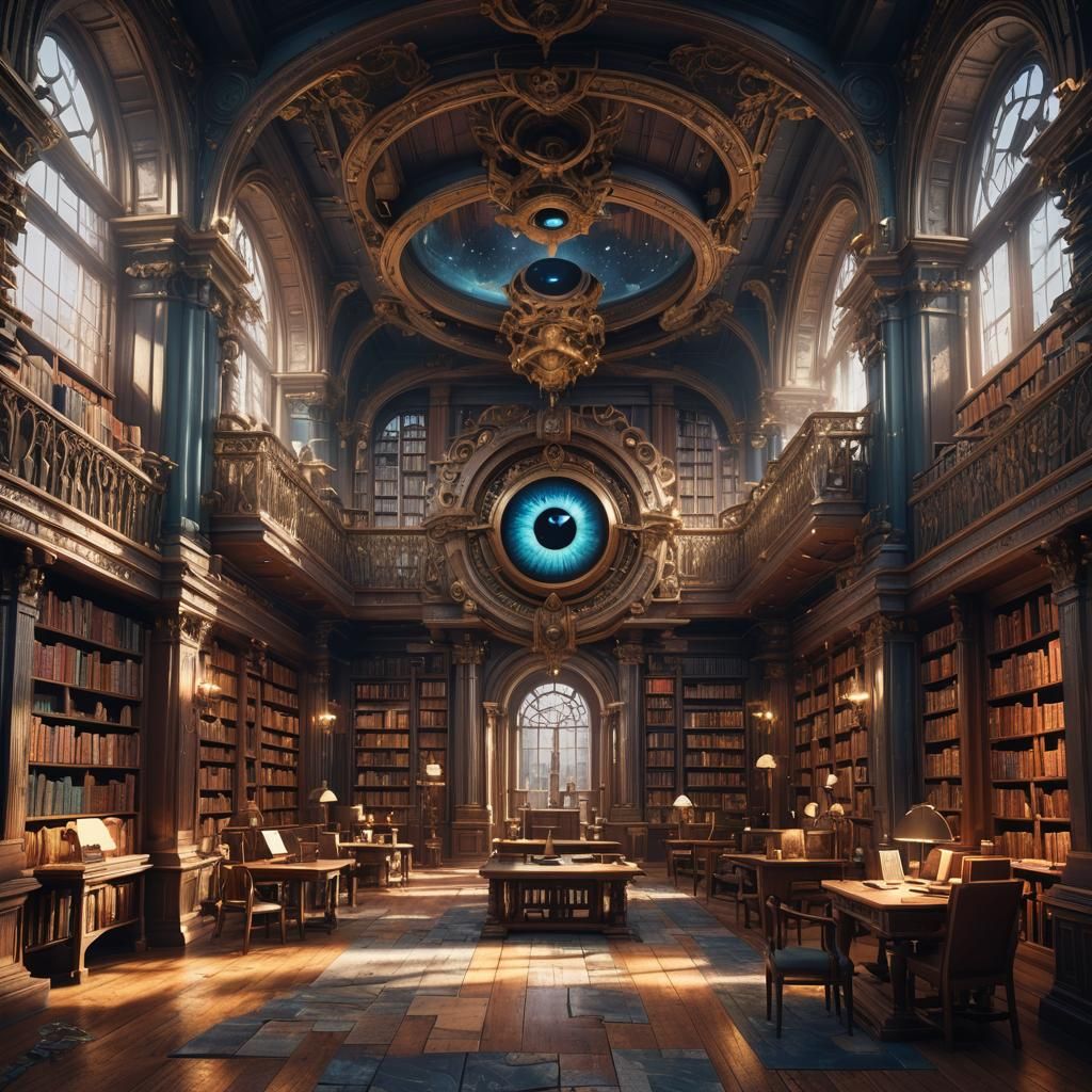 Enchanted Library with Eyes: Fantasy Concept Art