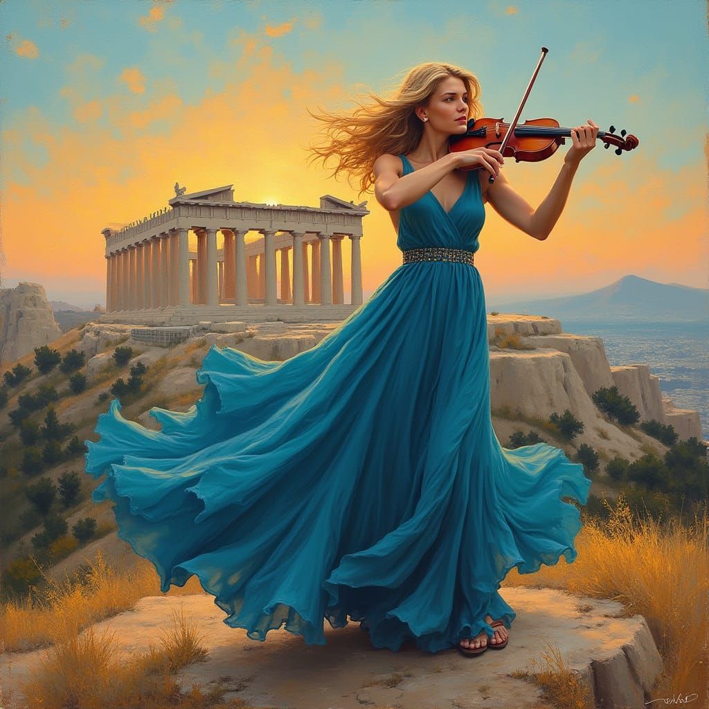Sunset Violinist at the Parthenon: An Expressive Portrait
