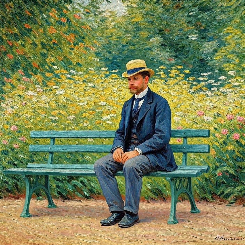 Impressionistic Man on Bench in Sunlit Garden