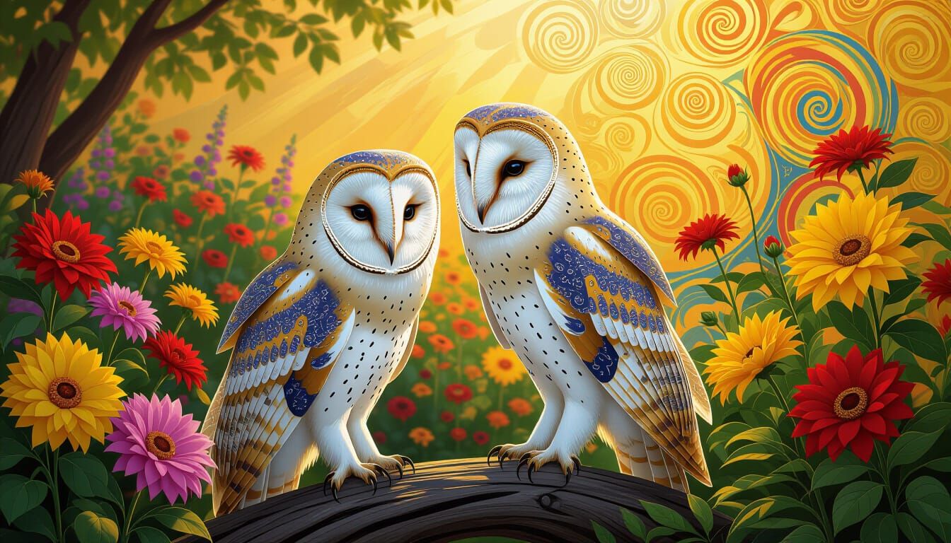 Barn Owl in Garden: Van Gogh, Klimt and Sorayama Inspired