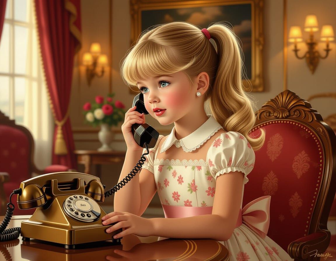 Girl with Vintage Phone, Nostalgic Art Style