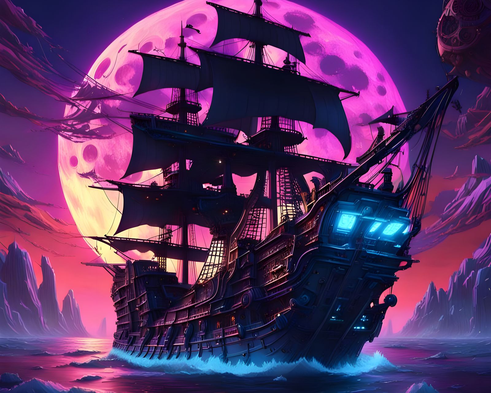 Futuristic Pirate Ship on Stormy Seas