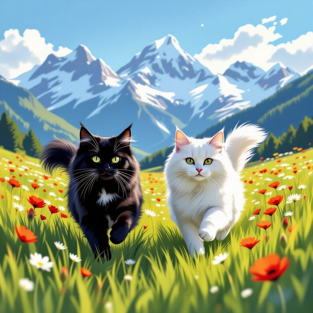 Cats Running Through Swiss Alps Meadow