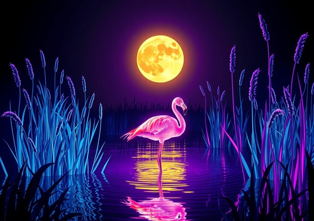 Fluorescent Flamingo in Swamp Art