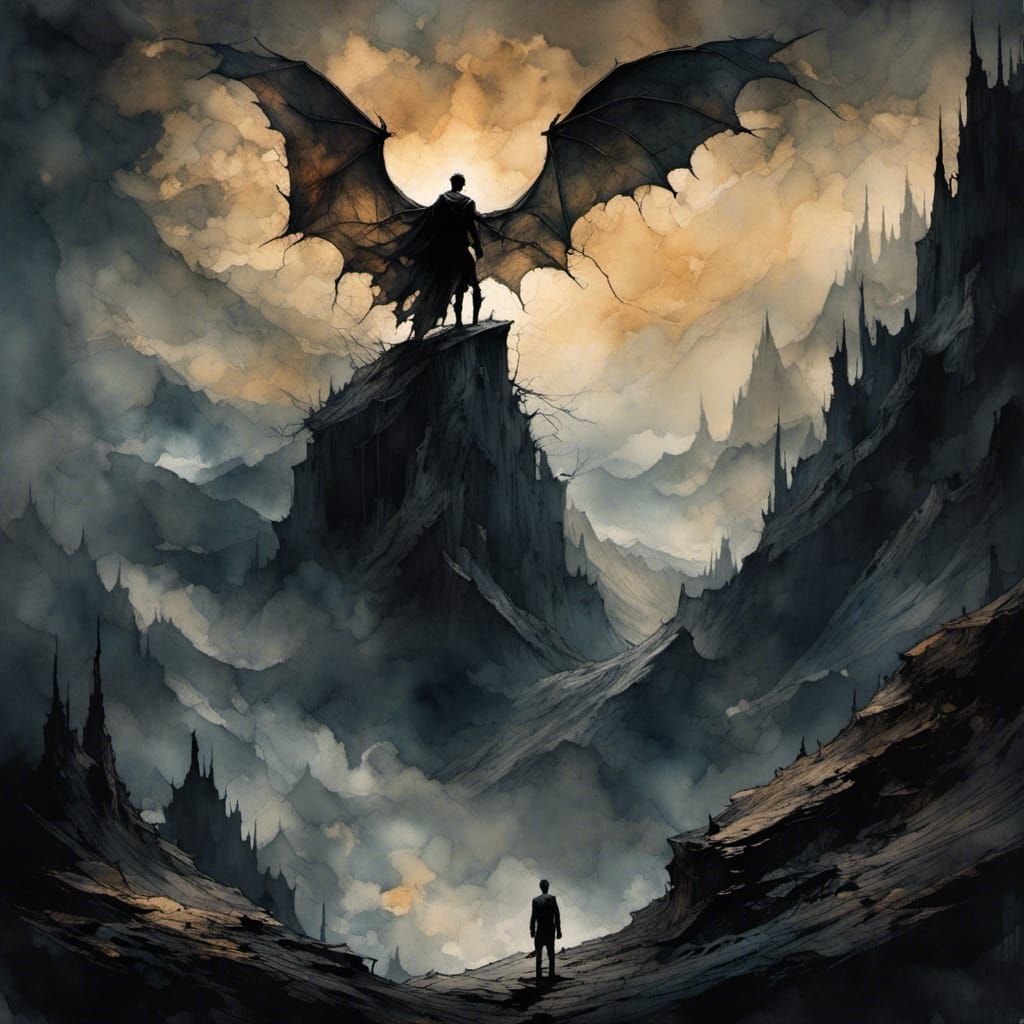 Winged Man on Mountain in Dark Fantasy Style