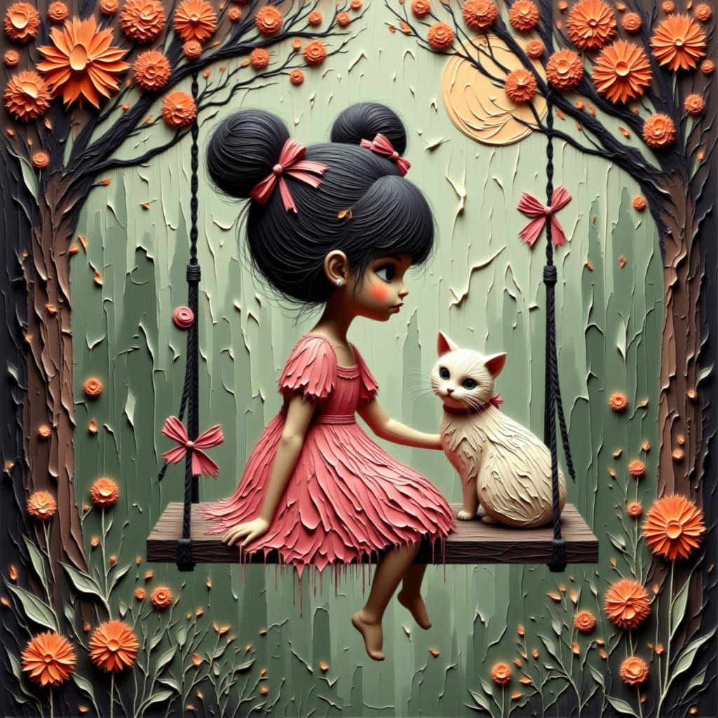 Child Petting Cat on Swing in Garden