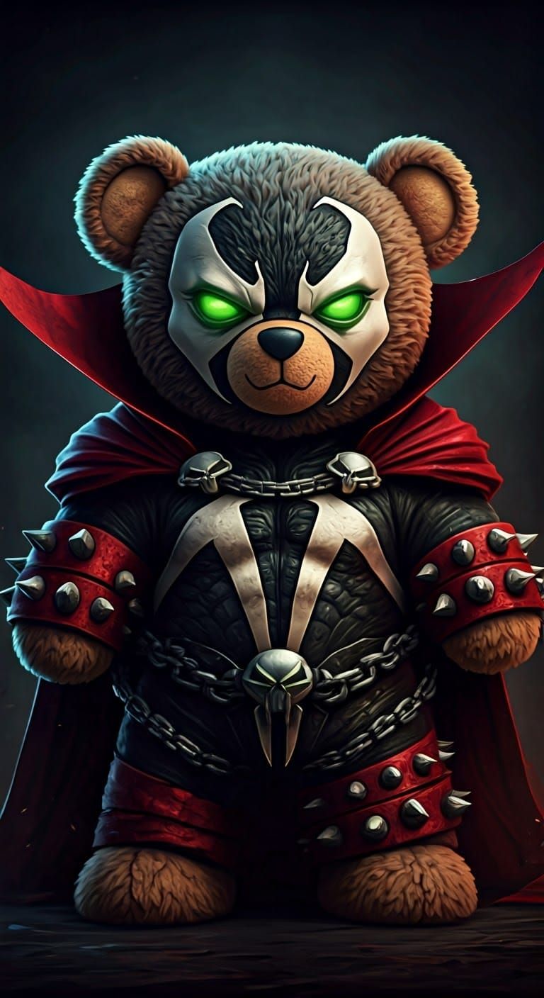 Hyperrealistic Teddy Bear in Crimson Spawn Suit, Dark Cinema...