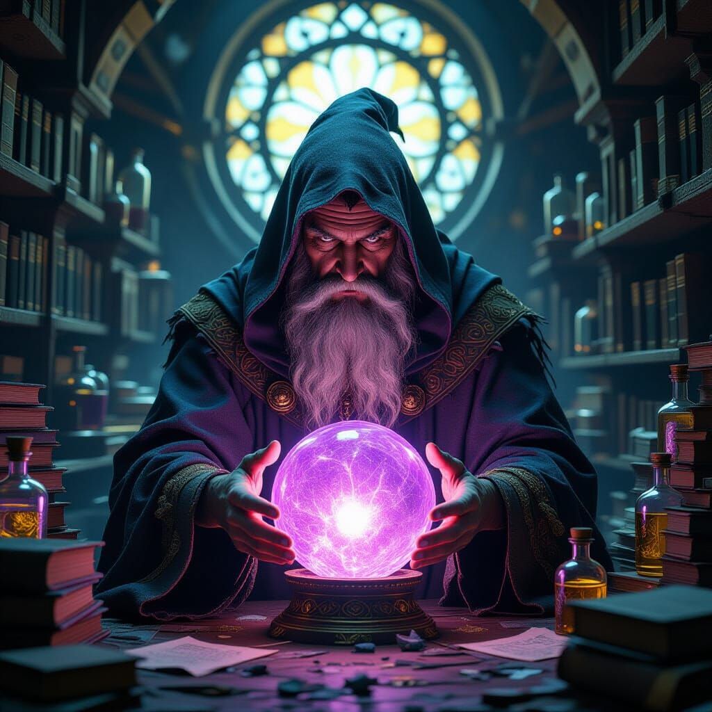 Wizard and Glowing Orb in Fantasy Style