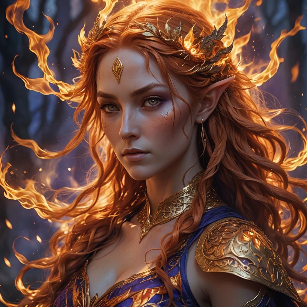 Fiery Half-Elven Enchantress in Fantasy Art Style