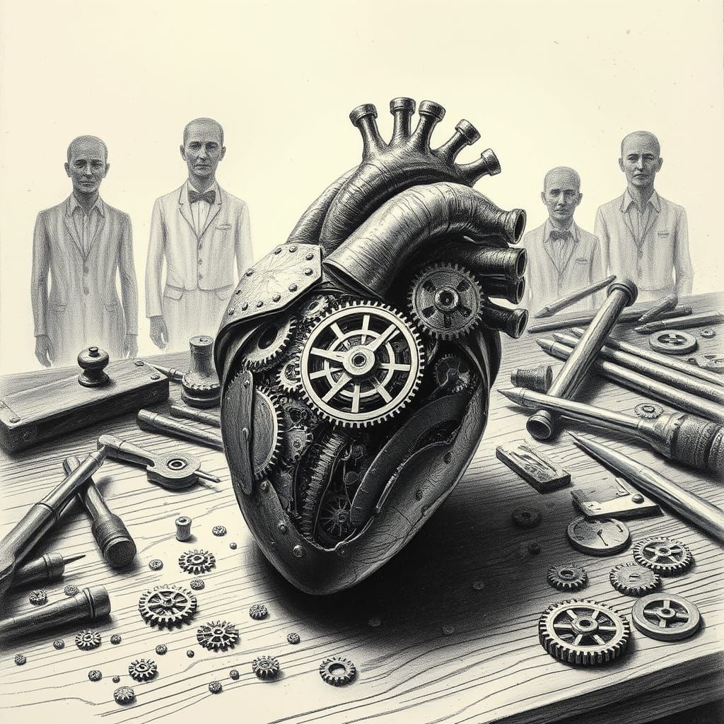 A Hyper-Detailed Mechanical Heart in Charcoal
