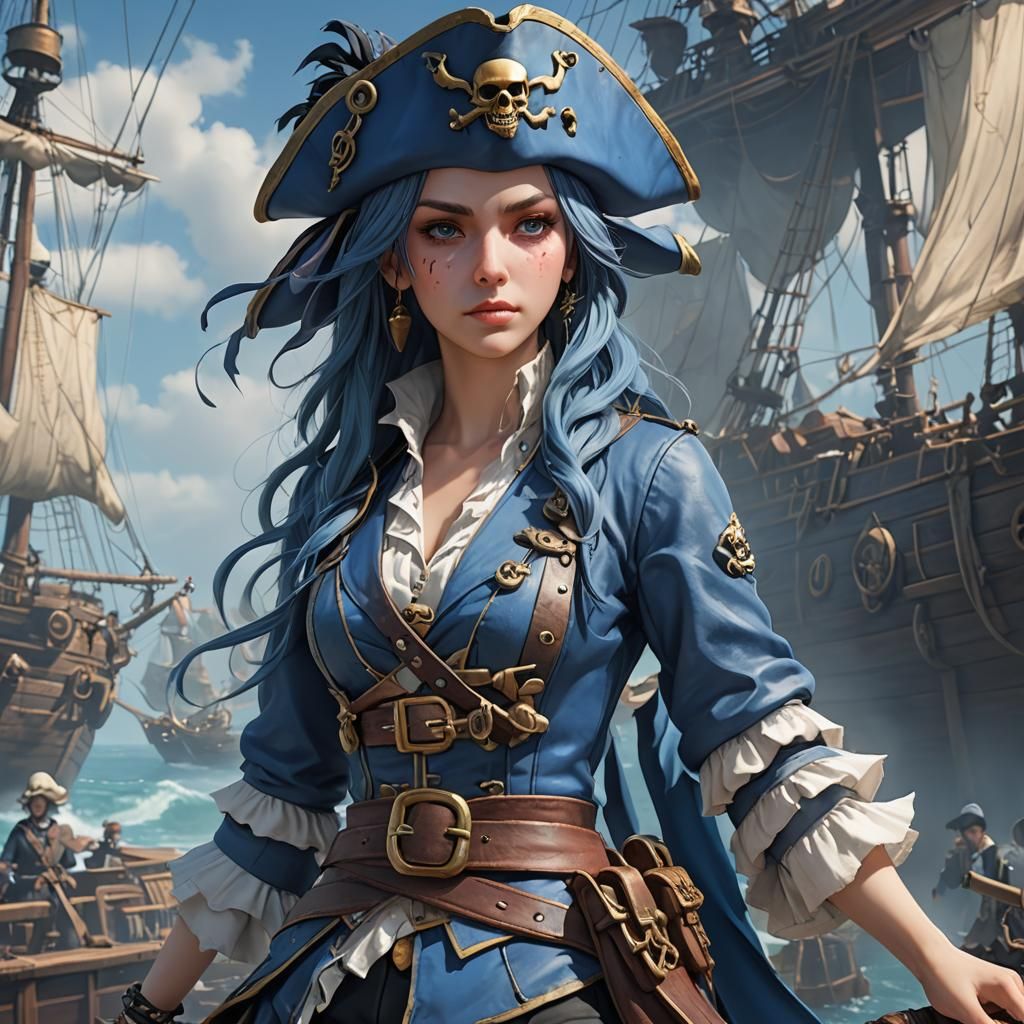 Blue Female Pirate in Anime Style