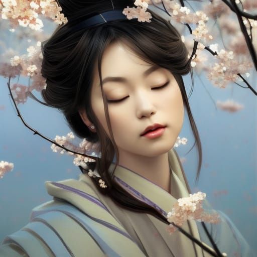 Elegant Geisha Portrait with Sakura Trees