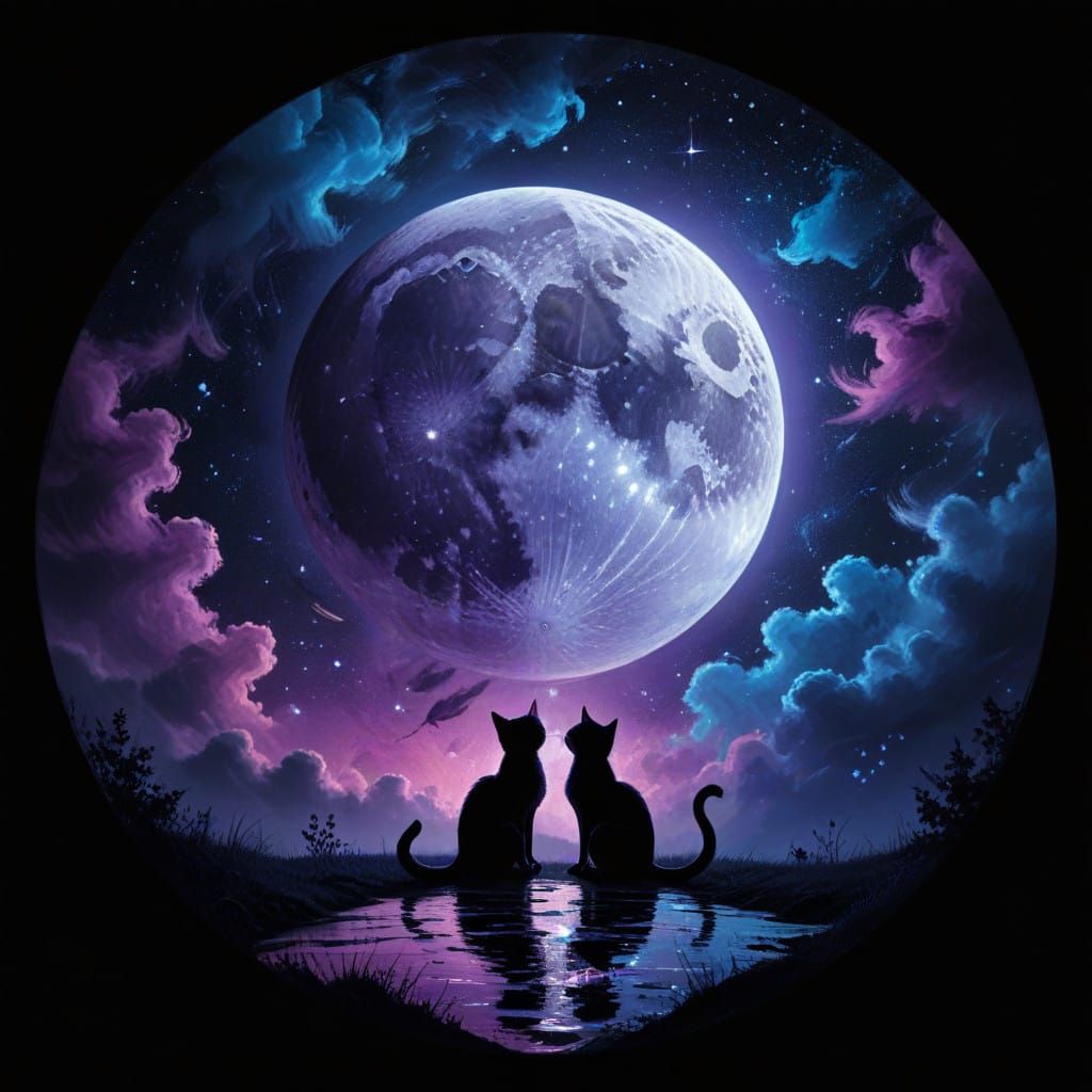 Romantic Feline Silhouette Under a Vibrant Full Moon
