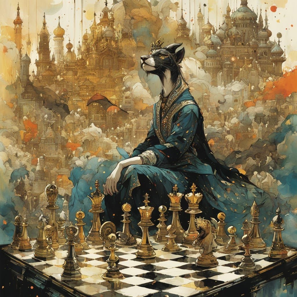Intricate Watercolor Chess Game in Gold and Silver