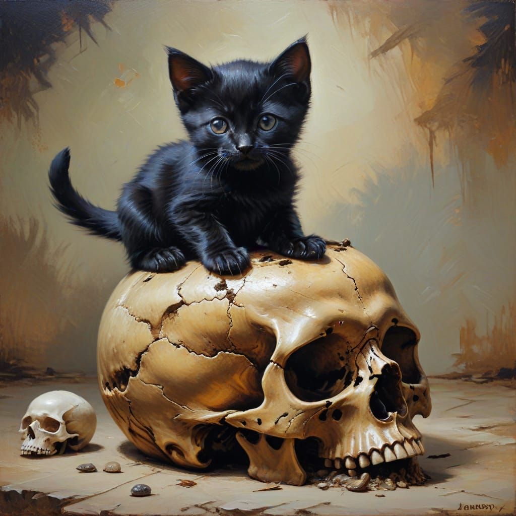 Kitten Sitting on Skull as Oil Painting