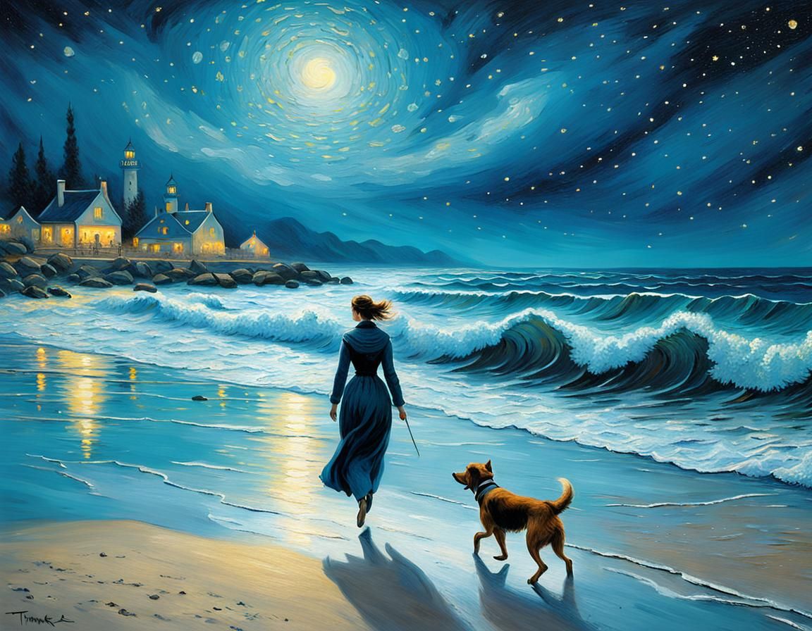 Starry Night Ocean Scene in Van Gogh Style