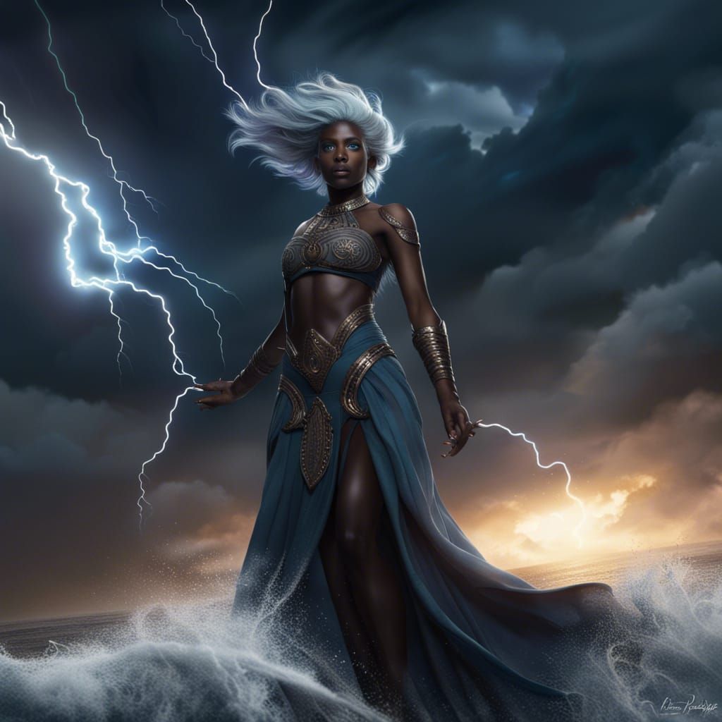 Ocean and Storm Goddess Throwing Lightning