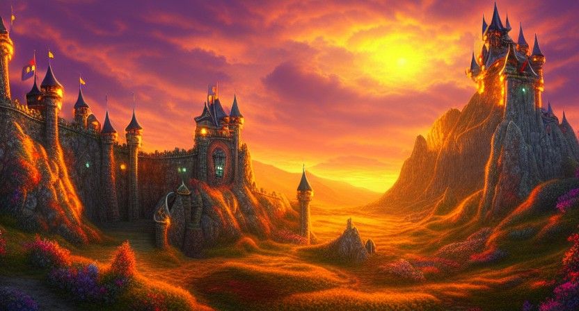 Fantasy Castle on Mountain in Golden Hour