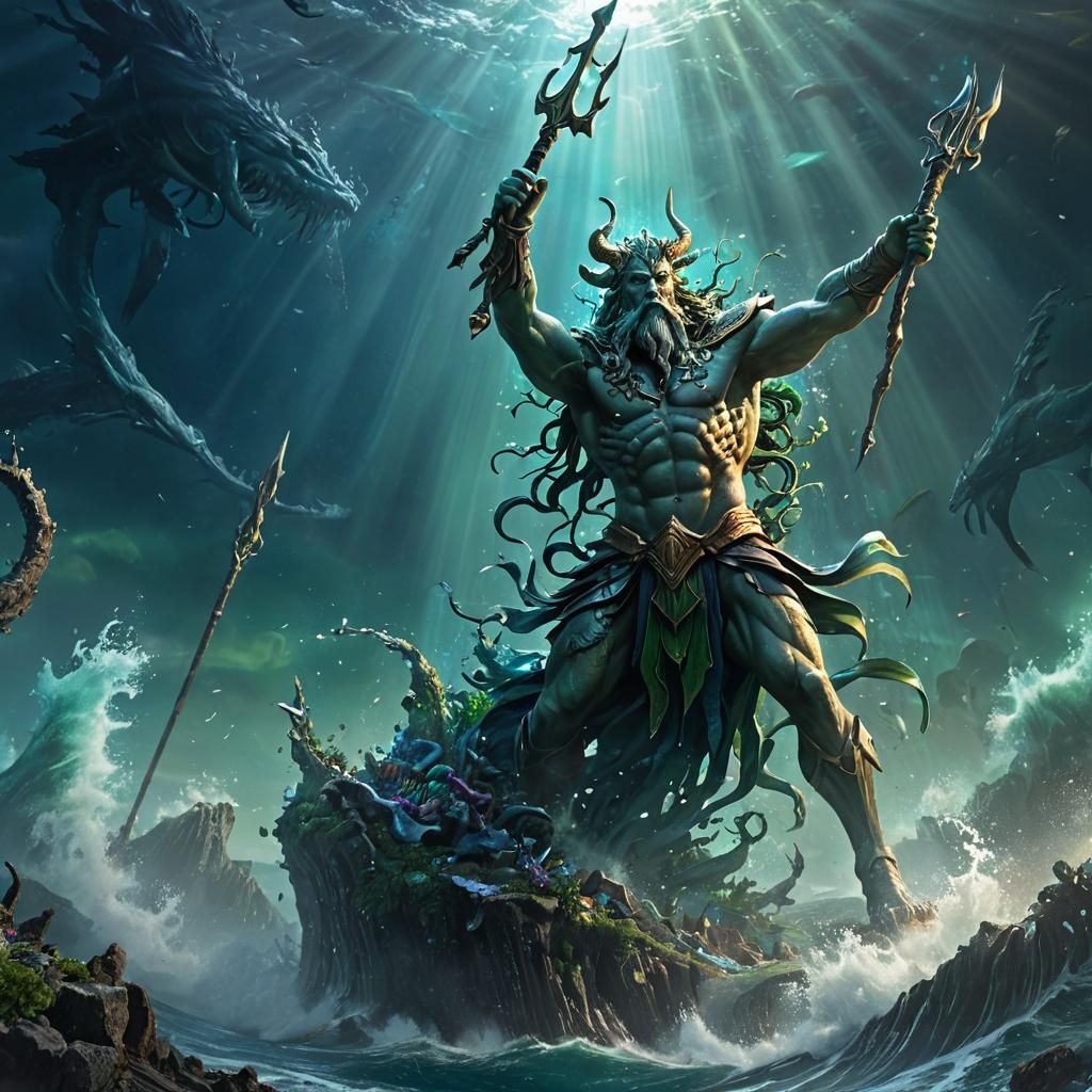 Sea God Battle in Bioluminescent Ocean