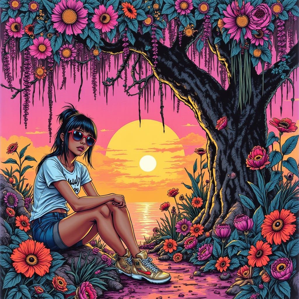 Surreal Fantasy Girl in Vibrant Drip Painting