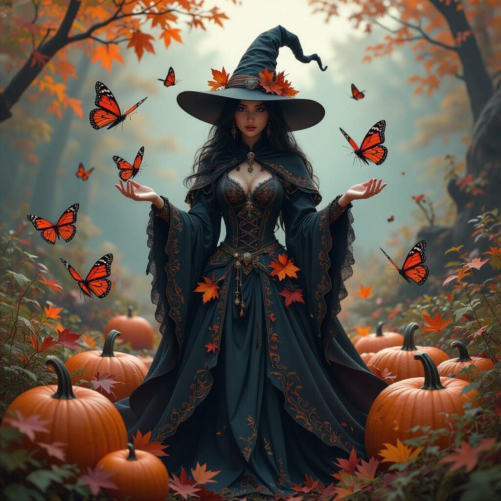 Autumn Witch with Butterflies, Matte Painting Style